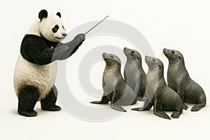 A panda conductor leads a fur seal choir.