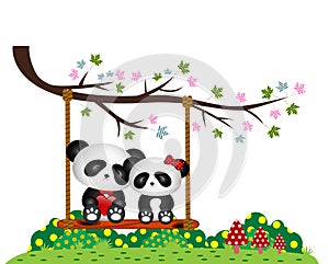 Panda Couple in love sitting on a swing under a tree at the park