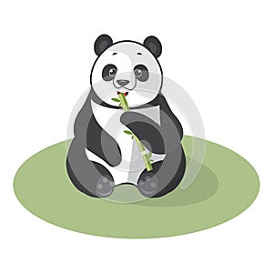 Panda cub sits with a bamboo stalk in its paws, vector illustration