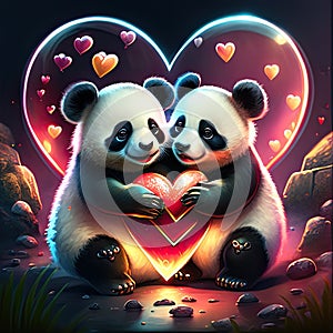 Panda Cubs hugging heart Two cute panda bear in love with big red heart on dark background. AI Generated animal ai