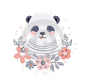 Panda cute animal baby face with flowers and leaves elements vector illustration. Hand drawn style nursery character