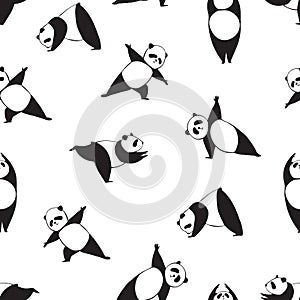 Panda in different joga pose. Black and white seamless vector pattern of panda