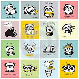 Panda doodle kid cards set.