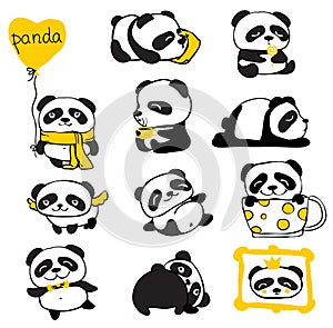 Panda doodle kid set. Simple design of cute pandas and other individual elements perfect for kid's card, banners