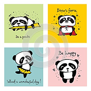 Panda doodle kid set. Simple design of cute pandas and other individual elements perfect for kid's card, banners