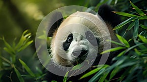 A panda eating bamboo in a lush forest