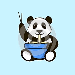 The panda is eating noodles.