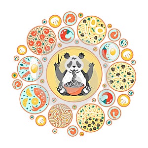 Panda eating noodles with chopsticks. Chinese dishes on the plates. Top view. Circle composition with different food