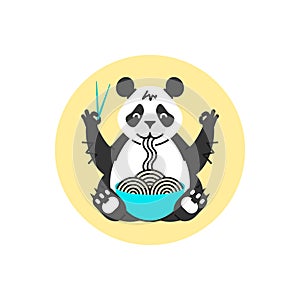 Panda eating noodles with chopsticks. Simple animal logotype for chinese cafe or poster. Cartoon style.