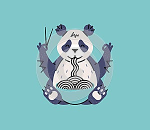 Panda eating noodles with chopsticks. Simple animal logotype for chinese cafe or poster. Cartoon style.