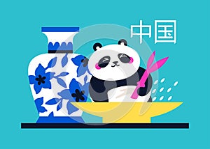 Panda eats bamboo and rice - modern colored vector illustration