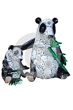 Panda funny sculpture made from scrap metal on white background