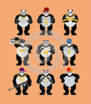 Panda gangster gang set. Cool Bear Gang of bandits. SWAG gangsta. Animal guy rapper