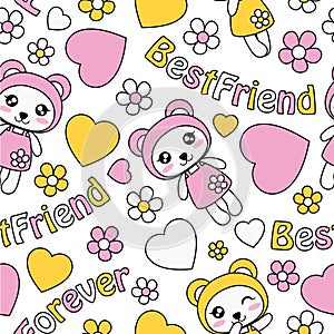 Panda girls, love and flowers vector cartoon pattern