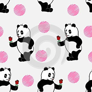Panda gives rose flower red. in love valentine romance. cute seamless pattern PANDA animal wild bear repeat pattern with love and