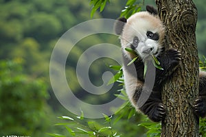 A panda hanging on the tree, motion capture, superb photography, national geographic photos, highdefinition images photo
