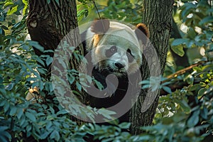 A panda hanging on the tree, motion capture, superb photography, national geographic photos, highdefinition images photo