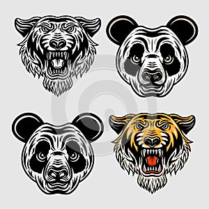 Panda head and tiger head cartoon characters. Animals set of vector objects in two styles colored and black and white