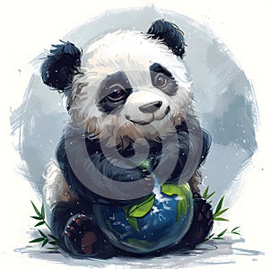 Panda holding a toy globe in its paws, a carnivore with fur