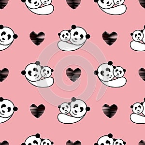 Panda hug baby seamless pattern repeat. illustration cute bear parent take care baby . with love black heart and pink background