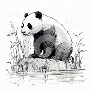 Realistic Pen And Ink Drawing Of Panda Sitting On Rock In Marsh photo