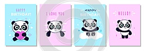 Panda invitation print. Cute baby animal covers, happy birthday cards collection, nursery and t-shorts decor. Baby