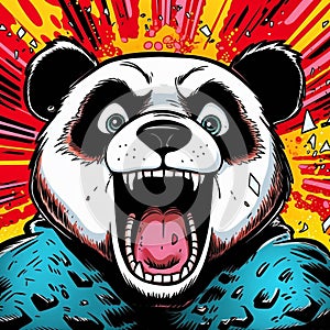 Panda with its mouth and fangs open against a bright burst of light in the background, AI-generated.