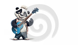 Panda kid with a guitar. Horizontal white background with space to copy space. Cartoon style. Generative AI