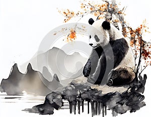 The panda painted in the way of chinese style sitting near the cliff with a gorgeous view.