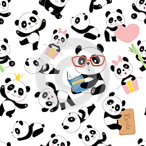 Panda pattern. Traditional asian cute china baby bears vector seamless illustrations with animals characters