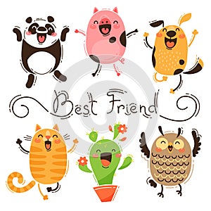 Panda, Pig, Dog, Cat and Owl Best Friends. Isolated Vector Images of Funny Animals and Cactus. Happy Friendship Day