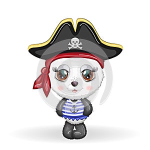 Panda pirate, cartoon character of the game, wild bear in a bandana and a cocked hat with a skull, with an eye patch