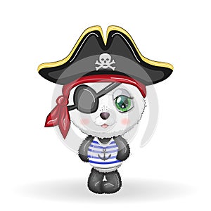 Panda pirate, cartoon character of the game, wild bear in a bandana and a cocked hat with a skull, with an eye patch