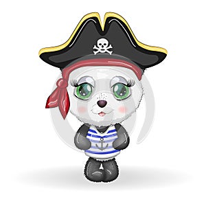 Panda pirate, cartoon character of the game, wild bear in a bandana and a cocked hat with a skull, with an eye patch