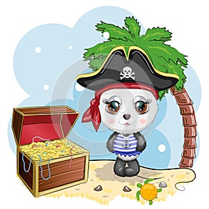 Panda pirate, cartoon character of the game, wild bear in a bandana and a cocked hat with a skull, with an eye patch