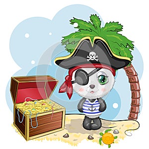 Panda pirate, cartoon character of the game, wild bear in a bandana and a cocked hat with a skull, with an eye patch