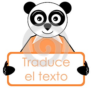 Panda with placard, translate text, spanish, isolated.