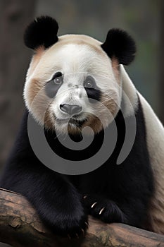 Panda portrait. Giant bamboo bear on a log. Wildlife. Animal muzzle close-up. Image is AI generated