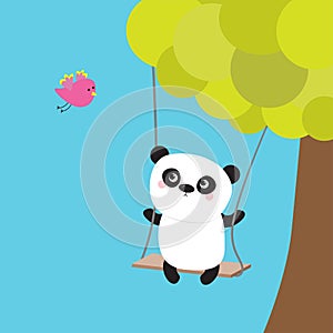 Panda ride on the swing. Green tree. Flying pink bird. Cute fat cartoon character. Kawaii baby collection. Love card. Flat design.