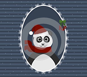 Panda in the Santa hat in openwork frame. New Year background