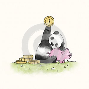 Panda saving money in a piggy bank