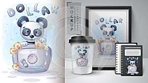 Panda is saving money poster and merchandising.