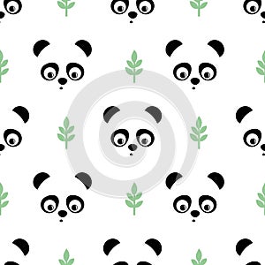 Panda seamless pattern with green twigs. Cute vector background with baby animal panda.