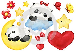 Panda set, animal sleeping, cloud, moon and star hand drawn watercolor. Cute little panda isolated on white background