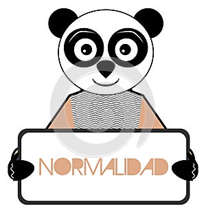 Panda with sign Normal, Spanish, cartoon, isolated.