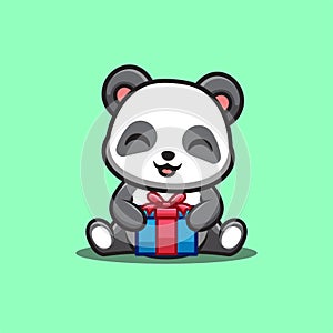 Panda Sitting Gift Box Cute Creative Kawaii Cartoon Mascot Logo