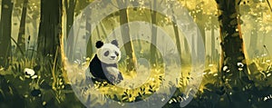 Panda sitting peacefully in a sunlit forest