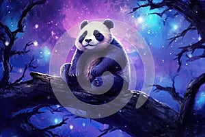 panda sitting under a starry night sky. dark blues and purples for the sky, the panda with a subtle, dream-like effect