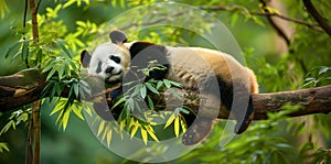 A panda sleeping peacefully in the crook of a tree branch