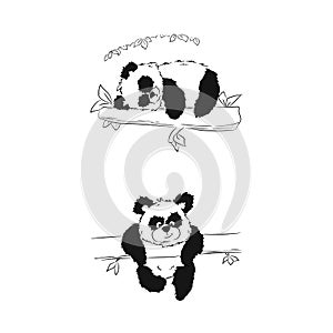 Panda is sleeping or playing on a tree.